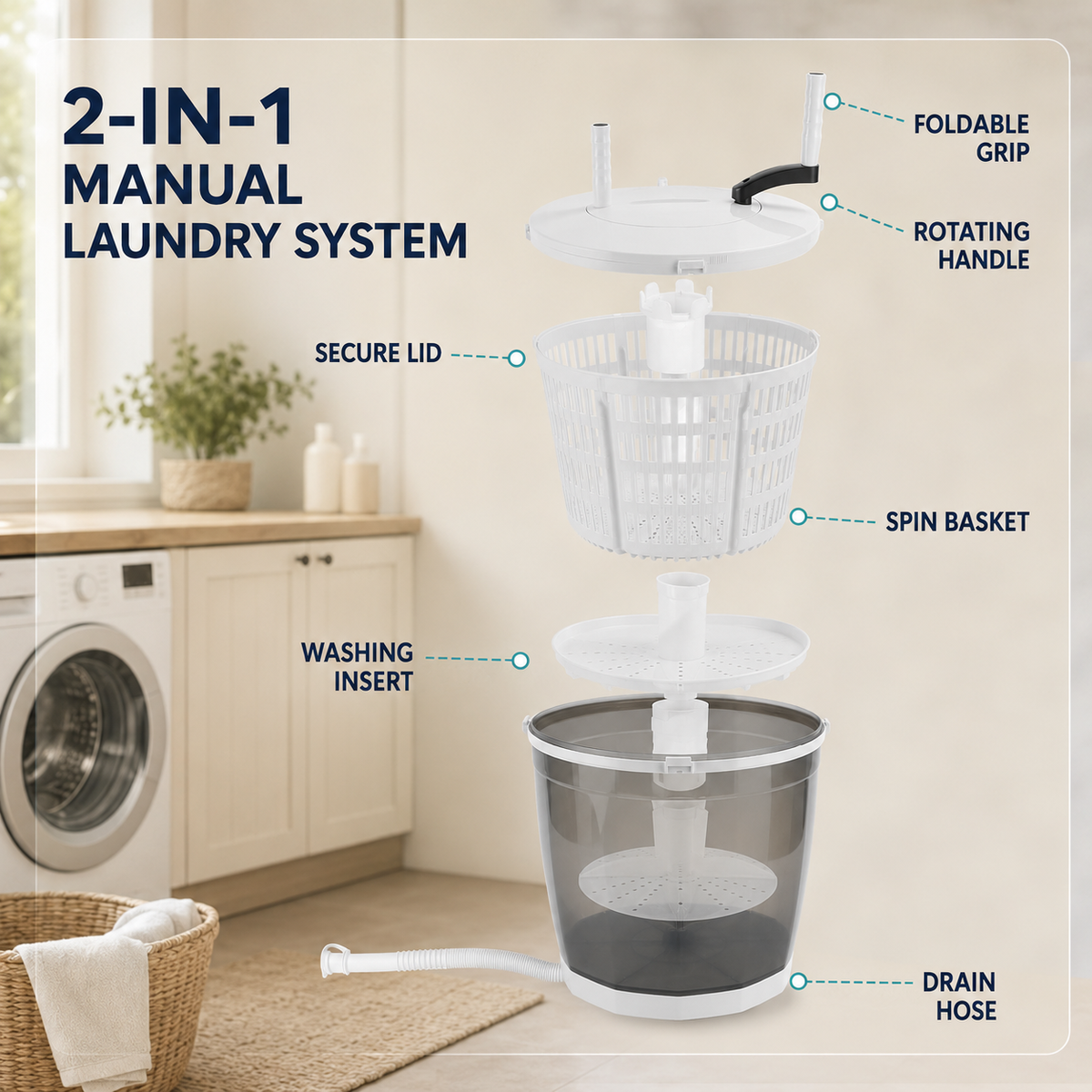 Manual Portable Washing Machine with Spin Dryer Basket and Drain Hose